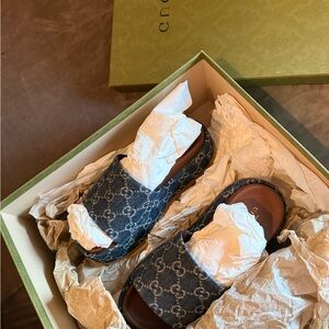 Gucci Blue Monogram Platform Slides